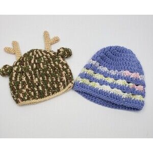 Handmade Crochet Baby Beanie Hats Lot of 2 Deer Antler Camo Blue Stitch